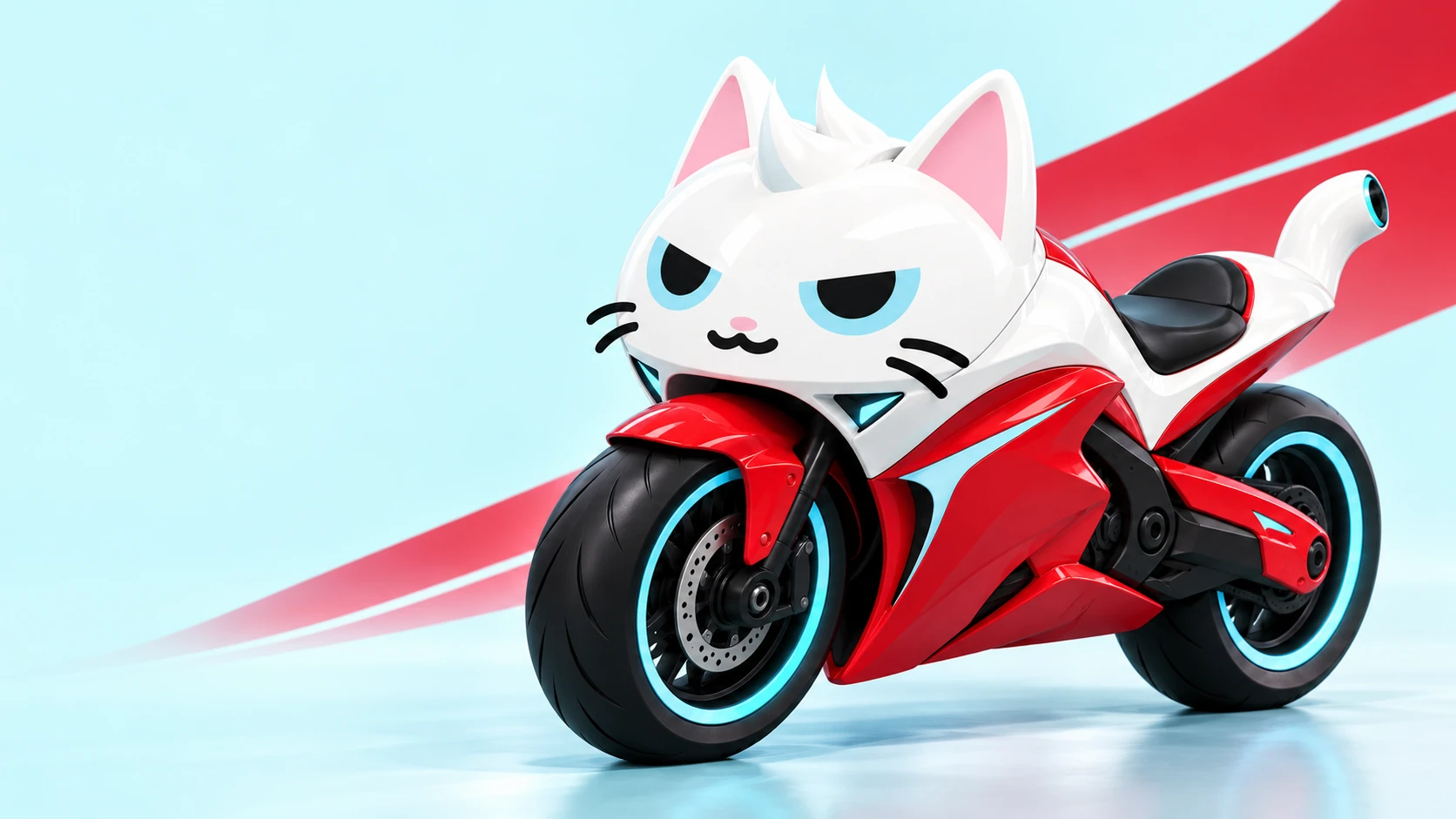 MEW transformed into a scarlet and porcelain superbike, with a recognizable white cat face, cyan eyes and a curved tail exhaust.
