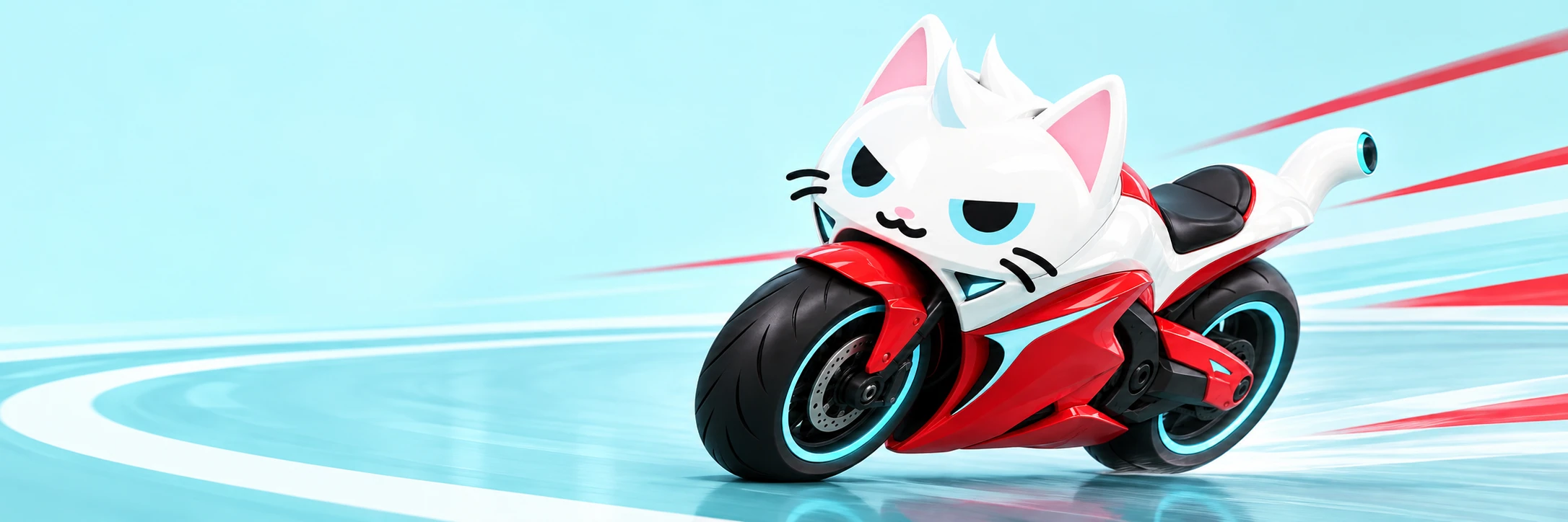 MEWCATI leans into a wide sweeping corner across an icy cyan racetrack.