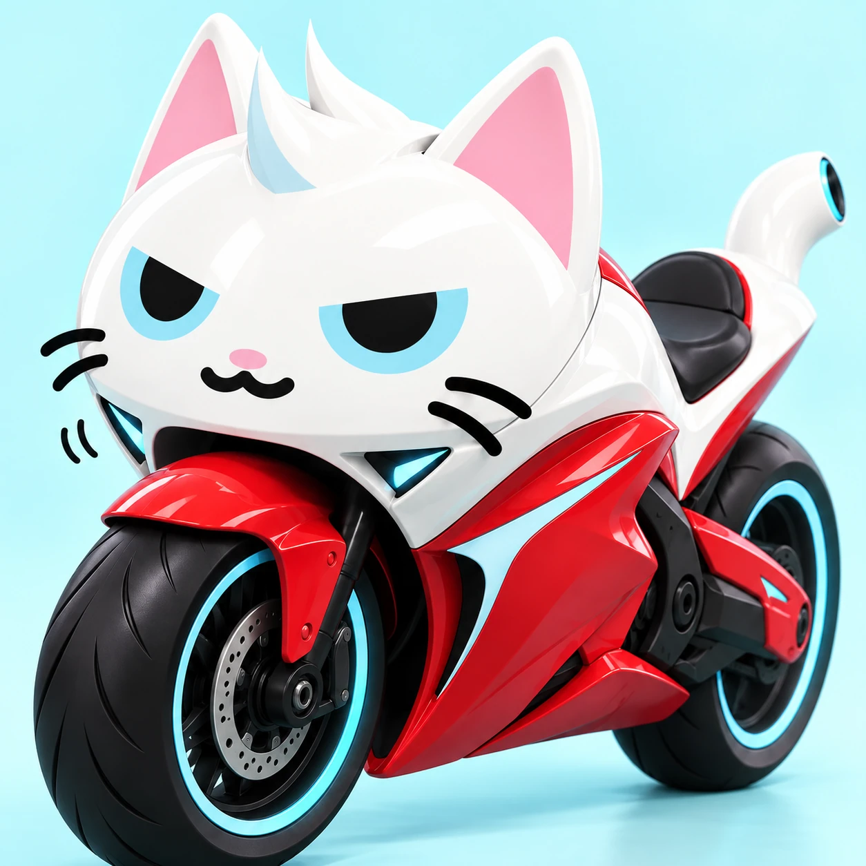 A close view of MEWCATI’s white face and scarlet engine fairing.